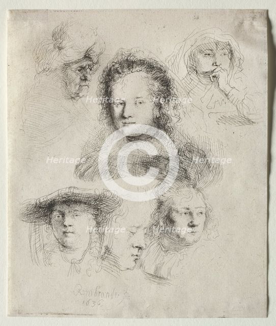 Studies of the Head of Saskia and Others, 1636. Creator: Rembrandt van Rijn (Dutch, 1606-1669).