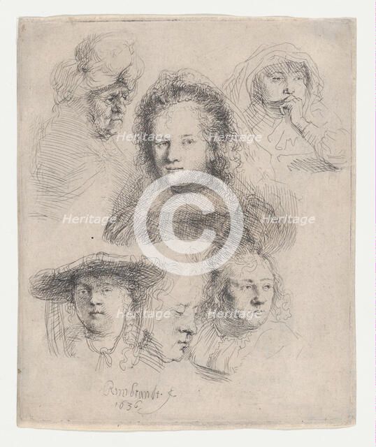 Studies of the Heads of Saskia and Others, 1636., 1636. Creator: Rembrandt Harmensz van Rijn.