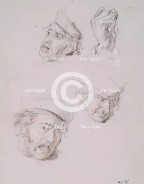 Studies of Three Male Heads and One Hand, 1825-1849. Creator: William Allan.