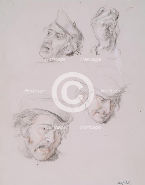 Studies of Three Male Heads and One Hand, 1825-1849. Creator: William Allan.