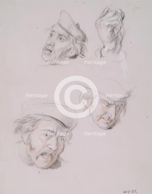 Studies of Three Male Heads and One Hand, 1825-1849. Creator: William Allan.