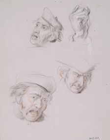 Studies of Three Male Heads and One Hand, 1825-1849. Creator: William Allan