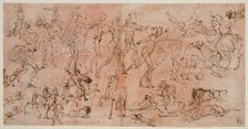 Studies of Warriors, Horsemen, and Lions (recto); Studies of Heads and Nude..., 1528/33. Creator: Perino del Vaga