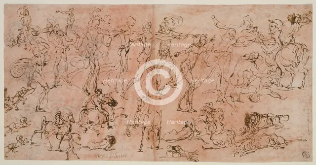 Studies of Warriors, Horsemen, and Lions (recto); Studies of Heads and Nude..., 1528/33. Creator: Perino del Vaga.