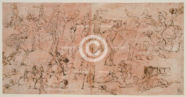 Studies of Warriors, Horsemen, and Lions (recto); Studies of Heads and Nude..., 1528/33. Creator: Perino del Vaga.
