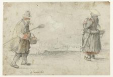 Studies of a Man and a Woman Standing on the Bank of a Frozen River, with a Town..., c.1610-c.1615. Creator: Hendrick Avercamp