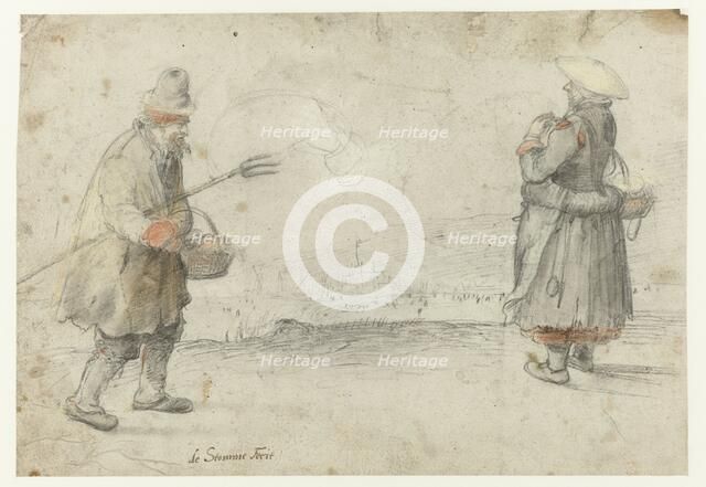 Studies of a Man and a Woman Standing on the Bank of a Frozen River, with a Town..., c.1610-c.1615. Creator: Hendrick Avercamp.