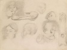 Studies of a Child's Head, a Woman's Head, a Spoon, and a longcase Clock, c1872. Artist: Paul Cezanne