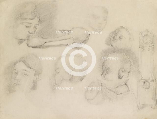 Studies of a Child's Head, a Woman's Head, a Spoon, and a longcase Clock, c1872. Artist: Paul Cezanne.