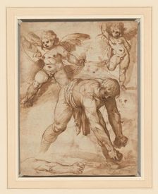 Studies of a Figure Bending Over, Two Putti, and an Arm (recto); Rest on the Flight..., 1596/97. Creator: Cesare Rossetti