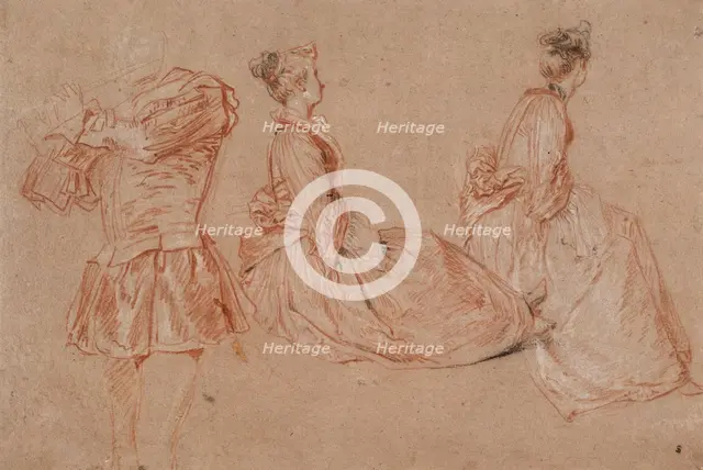 Studies of a flute-player and two women, 1717. Artist: Jean-Antoine Watteau