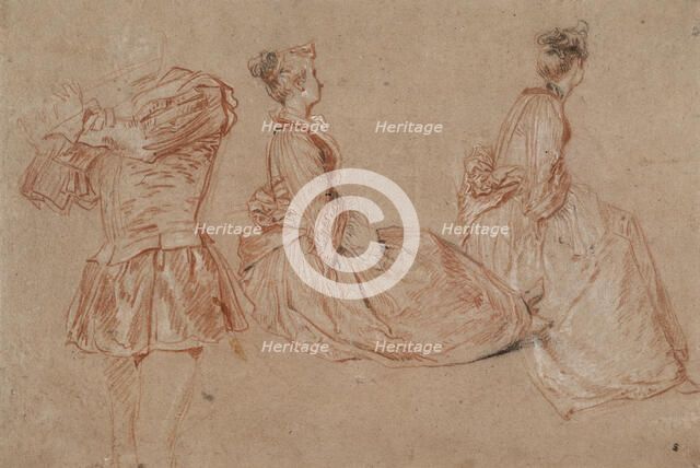 Studies of a flute-player and two women, 1717. Artist: Jean-Antoine Watteau