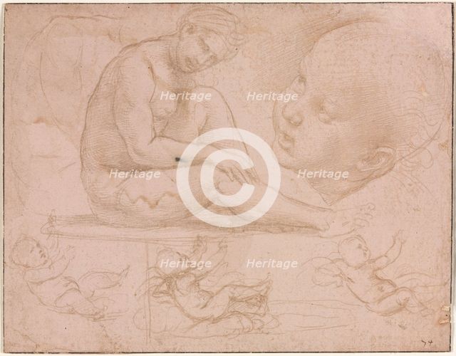 Studies of a Seated Female, Child's Head, and Three Studies of a Baby, c. 1507-8. Creator: Raphael (Italian, 1483-1520).
