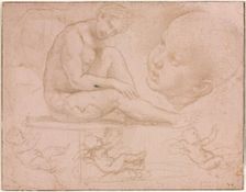 Studies of a Seated Female, Child's Head, and Three Studies of a Baby, c. 1507-8. Creator: Raphael (Italian, 1483-1520)