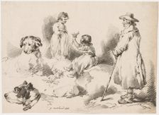 Studies of Children (Two Little Girls); Two Dogs; A Man, 1793. Creator: J. Harris, Gerrard Street, Soho, London
