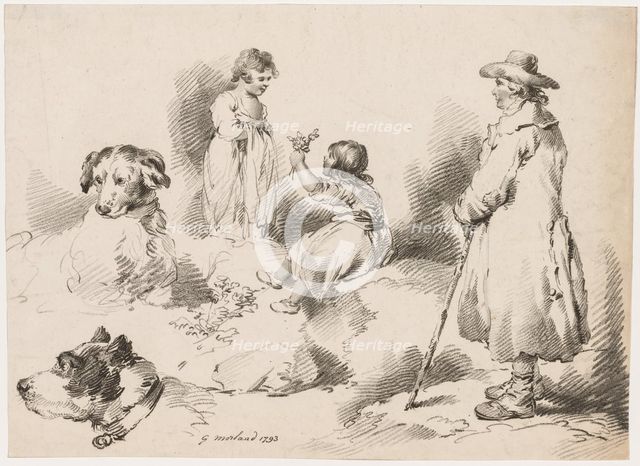 Studies of Children (Two Little Girls); Two Dogs; A Man, 1793. Creator: J. Harris, Gerrard Street, Soho, London.