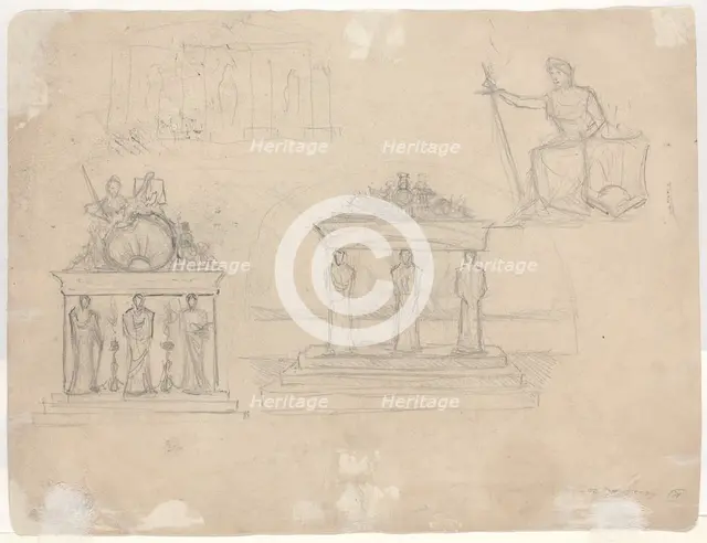 Studies of Classical Temple Facades and Seated Female Figure [verso]. Creator: John William Casilear.