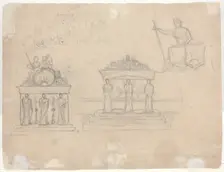 Studies of Classical Temple Facades and Seated Female Figure [verso]. Creator: John William Casilear