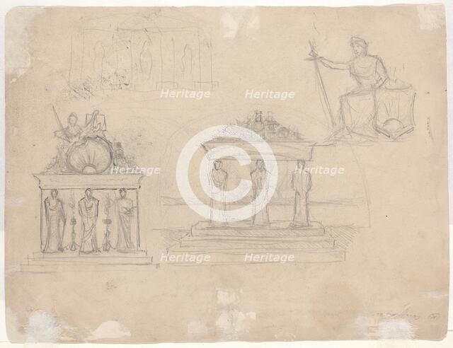 Studies of Classical Temple Facades and Seated Female Figure [verso]. Creator: John William Casilear.
