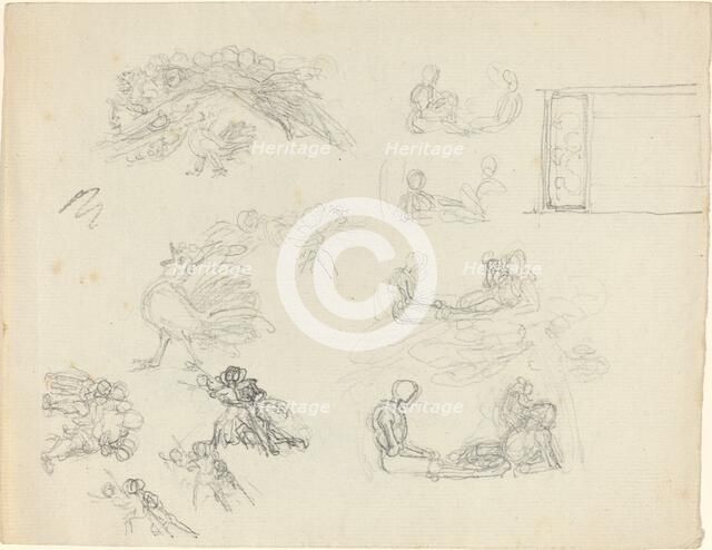 Studies of Crowing Rooster and Reclining Figures [recto and verso], late 18th/early 19th century. Creator: John Flaxman.