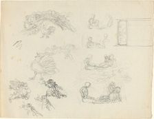 Studies of Crowing Rooster and Reclining Figures [recto and verso], late 18th/early 19th century. Creator: John Flaxman