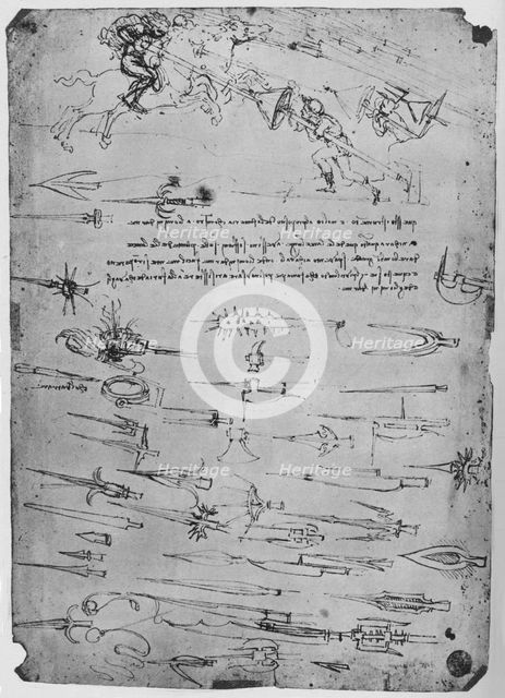 'Studies of Foot-Soldiers Attacking Horsemen with Lances to Which Shields', c1480, (1945) Artist: Leonardo da Vinci.