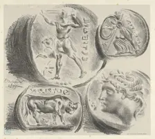 Studies of Four Greek Coins, 1825., 1825. Creator: Eugene Delacroix
