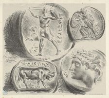 Studies of Four Greek Coins, 1825., 1825. Creator: Eugene Delacroix