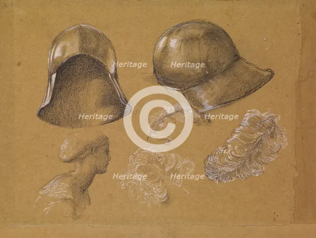 Studies of Helmet, Female Profile and Ostrich Feathers, 1865-1867 (possibly related to.... Creator: Sir Edward Coley Burne-Jones.