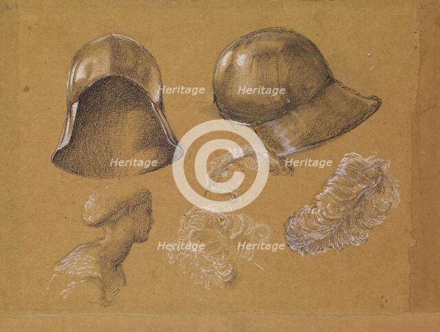Studies of Helmet, Female Profile and Ostrich Feathers, 1865-1867 (possibly related to.... Creator: Sir Edward Coley Burne-Jones.