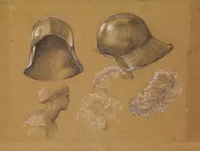 Studies of Helmet, Female Profile and Ostrich Feathers, 1865-1867 (possibly related to.... Creator: Sir Edward Coley Burne-Jones