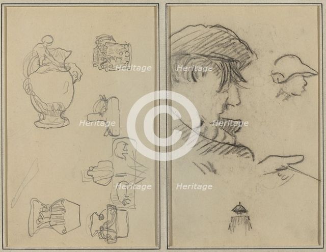 Studies of Jugs and Vases; A Man with Moustache and a Boy with a Hat [recto], 1884-1888. Creator: Paul Gauguin.