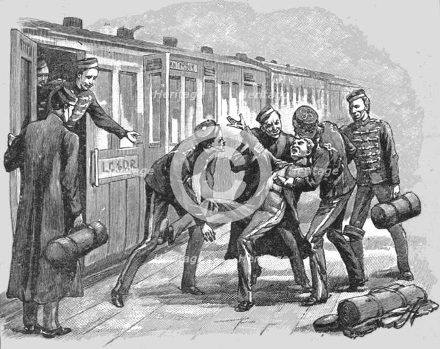 ''Studies of Life and Character at a Railway Station; Troopers on Furlough', 1890. Creator: Unknown.
