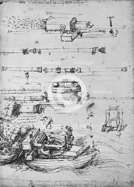 'Studies of Mortars, One Firing from a Boat, and of Canon', c1480 (1945). Artist: Leonardo da Vinci.