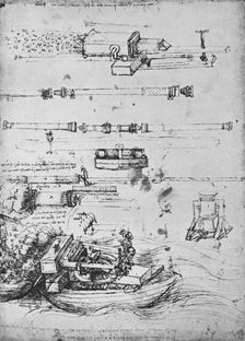 Studies of Mortars, One Firing from a Boat, and of Canon c1480 (1945). Artist: Leonardo da Vinci