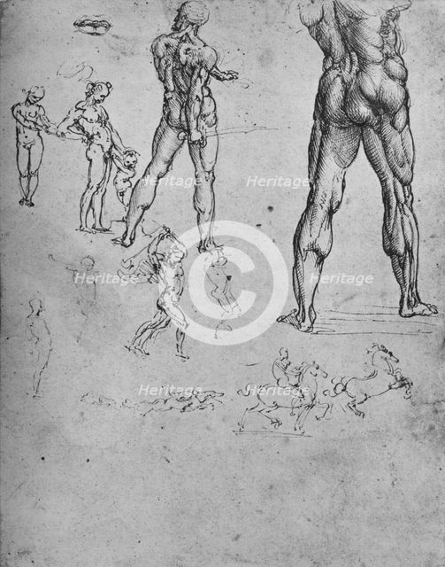 'Studies of Nude Soldier with Sword and Smaller Sketches', c1480 (1945). Artist: Leonardo da Vinci.