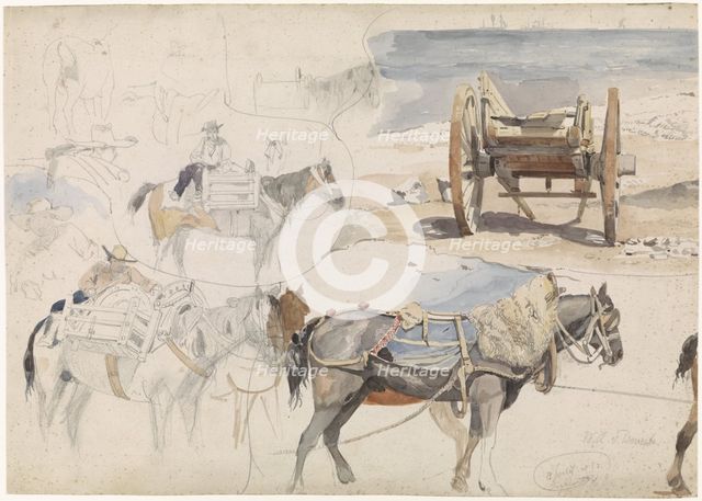 Studies of shell cart and horses on the beach, 1852. Creator: Willem Antonie van Deventer.