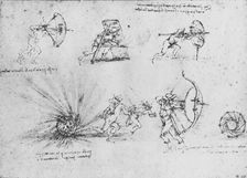 Studies of Shields for Protecting Foot Soldiers and of a Bomb exploding c1480 (1945). Artist: Leonardo da Vinci