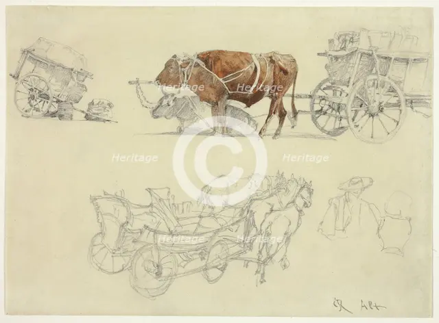 Studies of Slovakian Peasant Wagons with Oxen and Horses, n.d. Creator: Rudolf von Alt.
