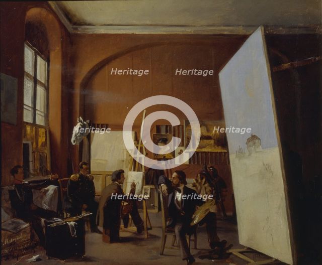 Studio of the painter Count Vasily Maksutov, 1858. Artist: Sorokin, Yevgraf Semyonovich (1821-1892)