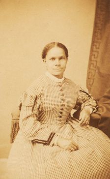Studio portrait of unidentified seated woman wearing check dress, c1860-c1869. Creator: Decamp & Crane