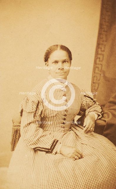 Studio portrait of unidentified seated woman wearing check dress, c1860-c1869. Creator: Decamp & Crane.