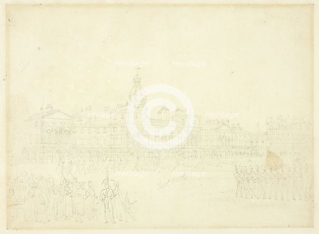 Study for Mounting Guard, St James Park, from Microcosm of London, c. 1809. Creator: Augustus Charles Pugin.