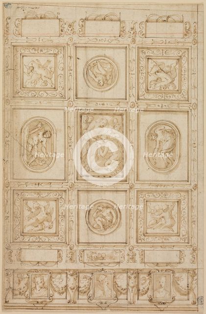 Study for a Ceiling Decoration, with Rebecca and Eliezer at the Well (recto); Study..., 1569/73. Creator: Giorgio Vasari.