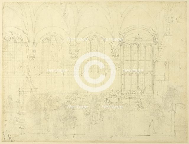 Study for Court Chancery, Lincoln's Inn Hall, from Microcosm of London, c. 1808. Creator: Augustus Charles Pugin.