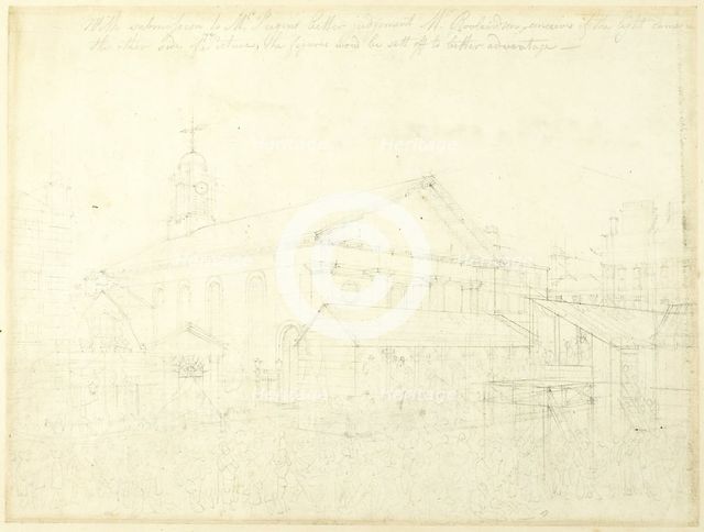 Study for Covent Garden Market, Westminster Election, from Microcosm of London, c. 1808. Creator: Augustus Charles Pugin.