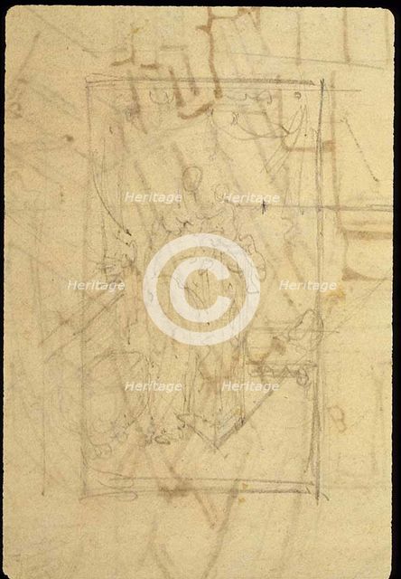 Study for Exhibition Room, Somerset House, from Microcosm of London (recto); Sketch..., 1807. Creator: Augustus Charles Pugin.