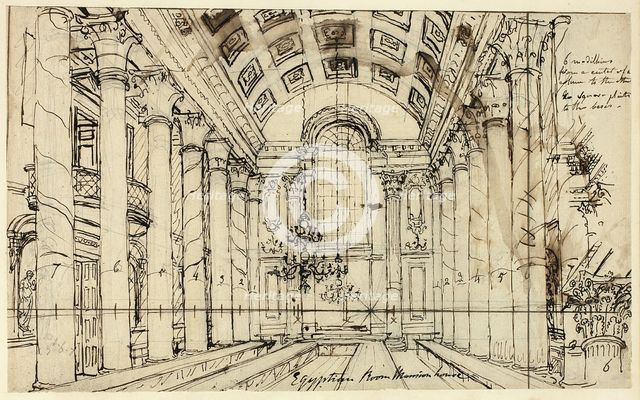 Study for Egyptian Hall Mansion House, from Microcosm of London, c. 1809. Creator: Augustus Charles Pugin.