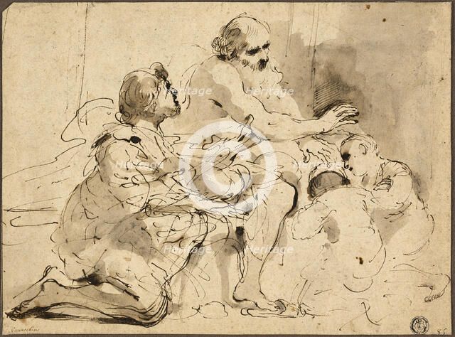 Study for Jacob Blessing the Sons of Joseph (recto); Sketches: Saint Christopher..., c. 1620. Creator: Guercino.