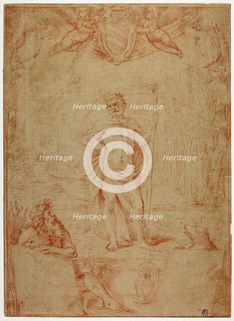 Study for Saturn Presiding over the City of Bologna, with the Arms of Cardinal Giulio..., c. 1640. Creator: Giovanni Battista Coriolano.